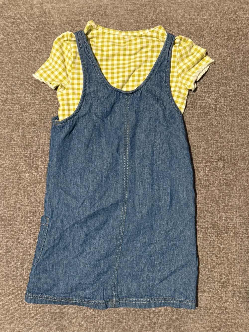 Denim Pinafore Dress with Green Gingham Top Set - 4T